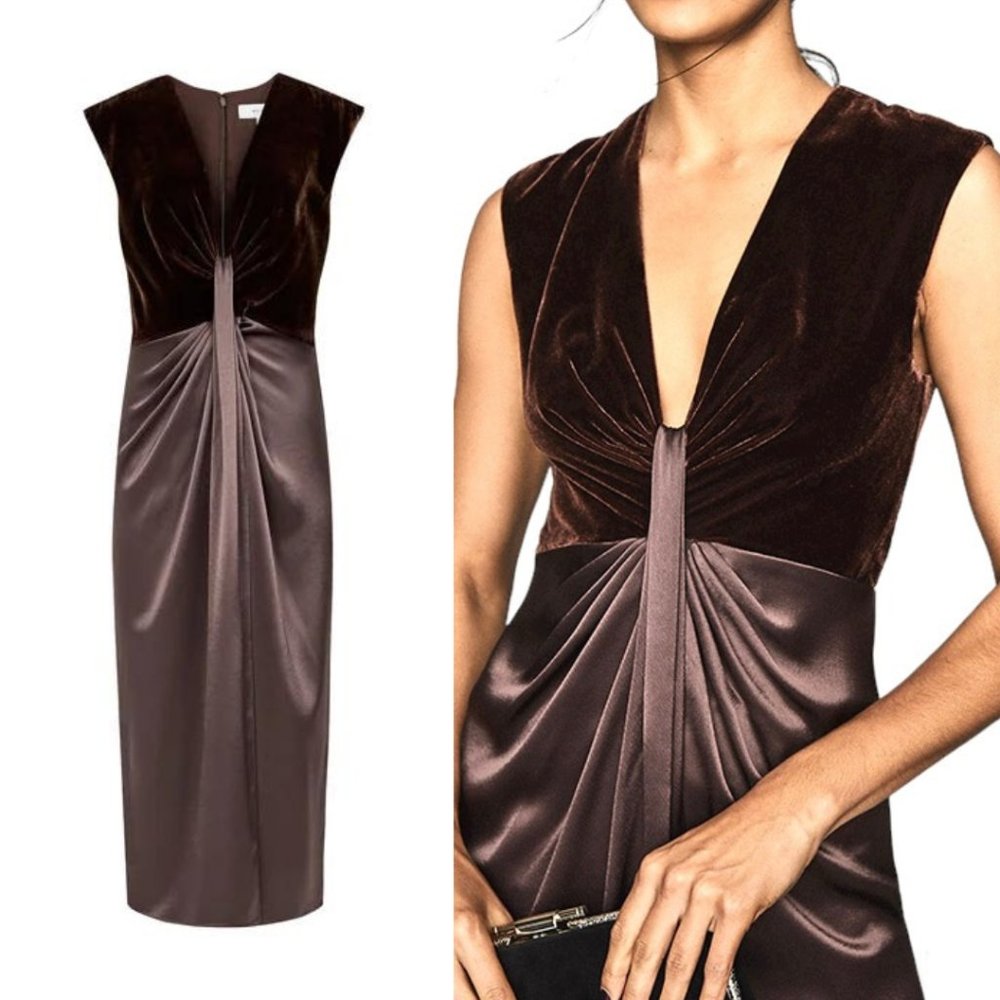 Reiss Livvy Dress Brown Velvet Satin Deep V Midi Dress NWT